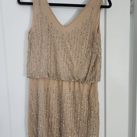 XSCAPE Dress Gold/Beige with vertical beads Size 4 - Picture 4 of 6